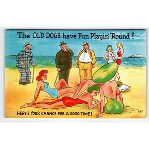 The Old Dogs Have Fun Playin' Round! - Here's Your Chance Linen Postcard 1940's